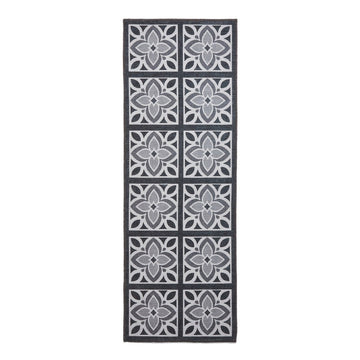 Washable Victoria H1191 Modern Vintage Lotus Floral Tile Mosaic Lightweight Printed Polyester Flatweave Charcoal Grey/Grey Rug-Think Rugs-Rug Love - The Most Loved Rug Store